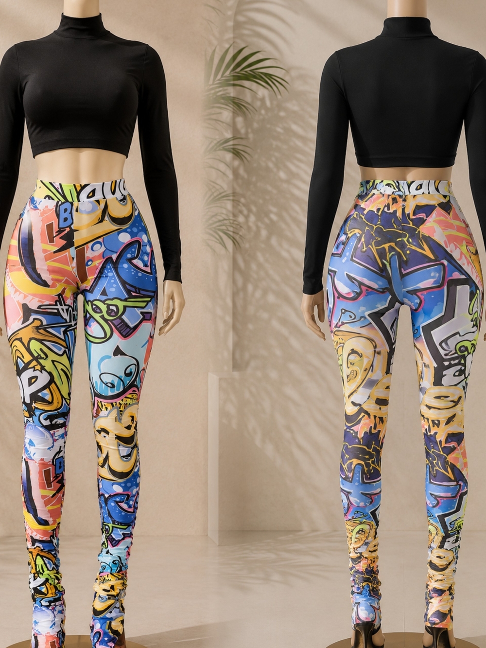 High-Waist Graffiti Print Leggings - Multicolor